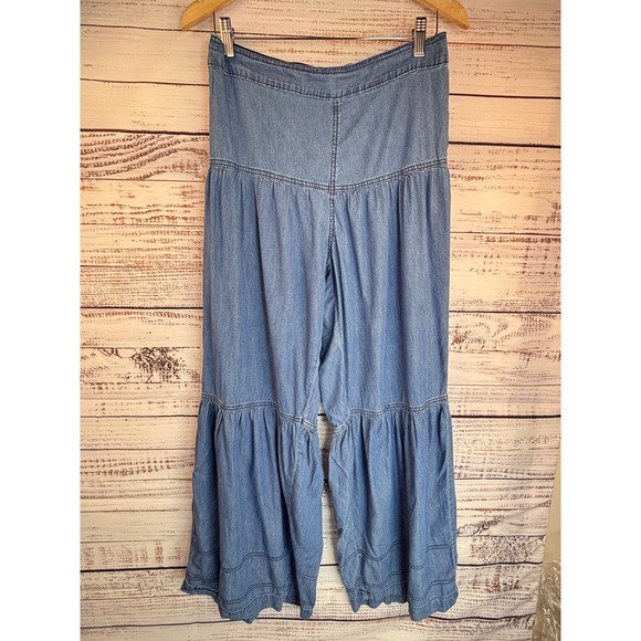 Sincerely Jules Chambray Ultra Wide Leg Ruffle Hem Pants L Tiered Boho Festival - Picture 1 of 13